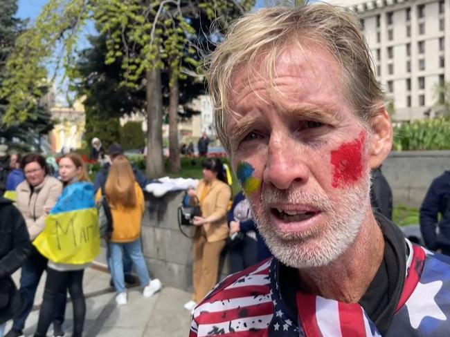 Ryan Wesley Routh seen here at a 2022 rally calling for humanitarian assistance for Ukrainians impacted by the war, has ben charged with the attempted assassination of a presidential candidate. Picture: AFPTV