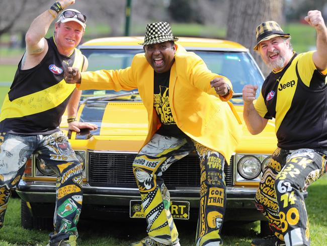 Craig Brackman, Yogi Thurairatnam and Trout Woodend are ready to roar in the MCG car park. Picture: Alex Coppel.