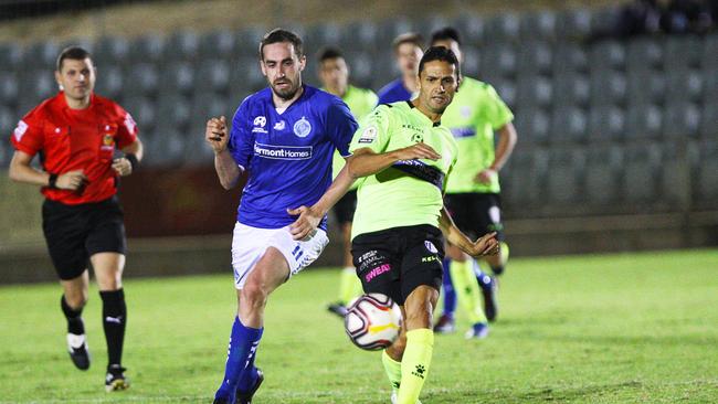 Former Adelaide United star Marcelo Carrusca (right), pictured playing for West Adelaide earlier this season. Picture: Joe Janko