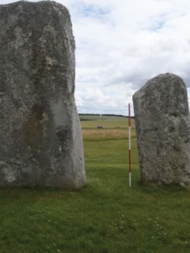 A sarsen stone S10 in the Sarsen Circle, next to a smaller stone, looking outwards from inside the circle. Picture: T. Darvill