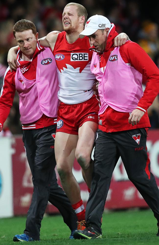 Zak Jones leaves field late in the match against Hawthorn. Picture: Phil Hillyard