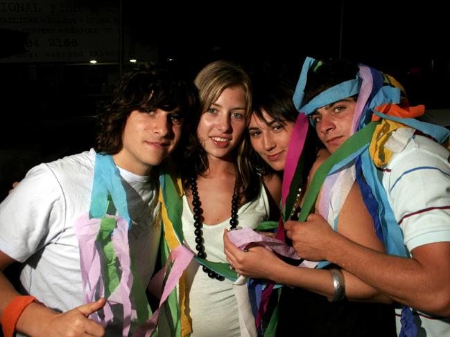 It was all about streamers in Sorrento for Dandenong friends Jonno Smith, 18, Dandenong, Ashleigh Kane, 17, Ricci Vuill, 17, and Dean Ellul, 18, Dandenong. Picture: Andrew Maccoll