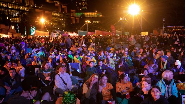 Excited fans gather at Tumbalong Park in Sydney to watch the semi final on Wednesday. Picture: NCA NewsWire/ Brendan Read