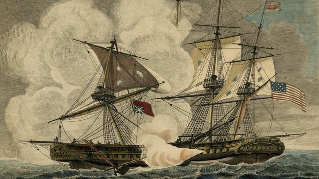 The USS Constitution defeats HMS Guerriere during the War of 1812.