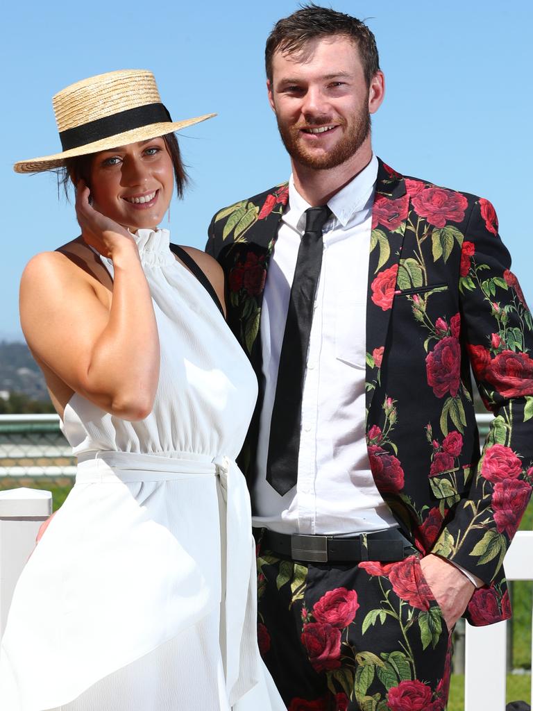 Stasha Stolinski and Xavier Larcombe at Adelaide Cup day at Morphettville. Picture: Tait Schmaal