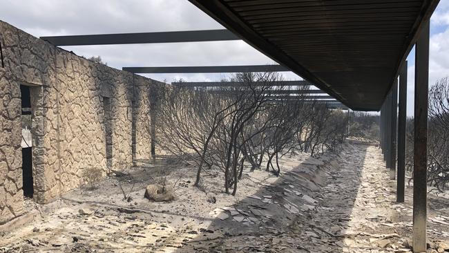 There’s nothing left of the lodge’s long interior walkway after the bushfire.