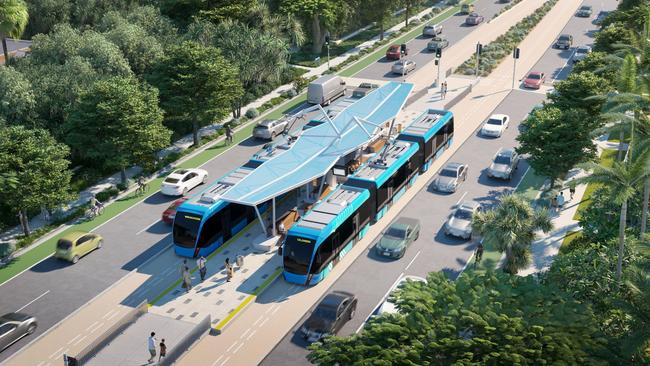 An artist's impression of trackless trams pitched for Sunshine Coast Council's transport plan.