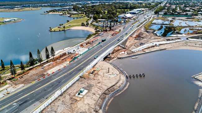 A number of milestones are within reach at Stockland's Oceanside development in Birtinya. Pictured are recent aerial photographs showing housing site and lake development in the Bokarina Beach residential area. Picture: Stockland