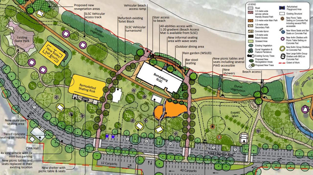 The concept design plan includes locations for new and refurbished shelters throughout the park and a new car park with more than 40 spaces straddling Fred Courtice Ave near the Bundaberg Surf Life Saving Club.