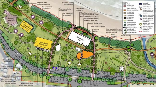 The concept design plan includes locations for new and refurbished shelters throughout the park and a new car park with more than 40 spaces straddling Fred Courtice Ave near the Bundaberg Surf Life Saving Club.