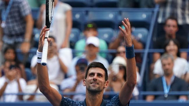 Novak Djokovic of Serbia celebrates victory over Joao Sousa of Portugal  during their 4th round 2018 US Open Men's Singles match at the USTA Billie Jean King National Tennis Center in New York on September 3, 2018. (Photo by Don EMMERT / AFP)