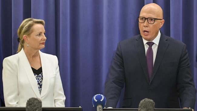 Opposition leader Peter Dutton and Deputy leader Sussan Ley explain why federal Liberal MPs will campaign for a “no” vote in the referendum to enshrine an Indigenous Voice to parliament in the Constitution. Picture: NCA NewsWire/Martin Ollman