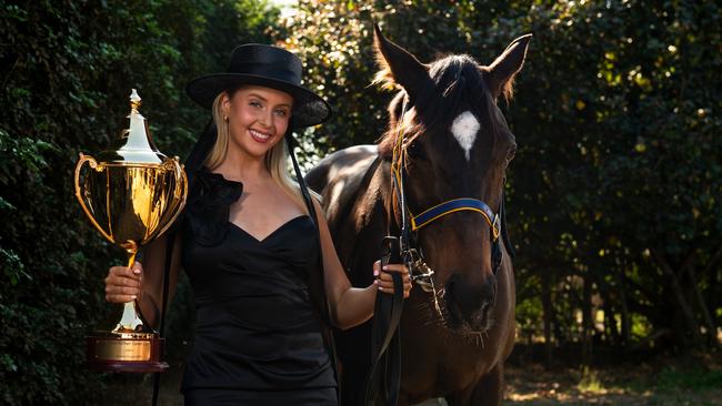 Race favourite Bear Story, trained by Neil Dyer, with Darwin Cup Carnival ambassador Bronte Pearson ahead of the 2024 Darwin Cup. Picture: Pema Tamang Pakhrin