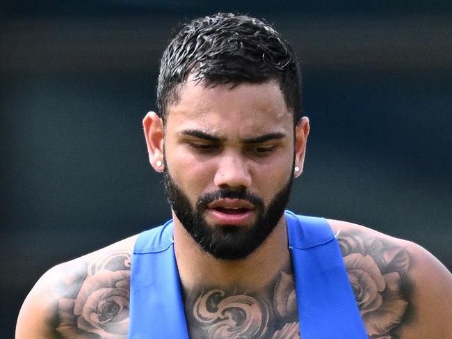 MELBOURNE, AUSTRALIA - NOVEMBER 17: Tarryn Thomas of the Kangaroos runs during a North Melbourne Kangaroos AFL training session at Arden Street Ground on November 17, 2023 in Melbourne, Australia. (Photo by Quinn Rooney/Getty Images via AFL Photos)