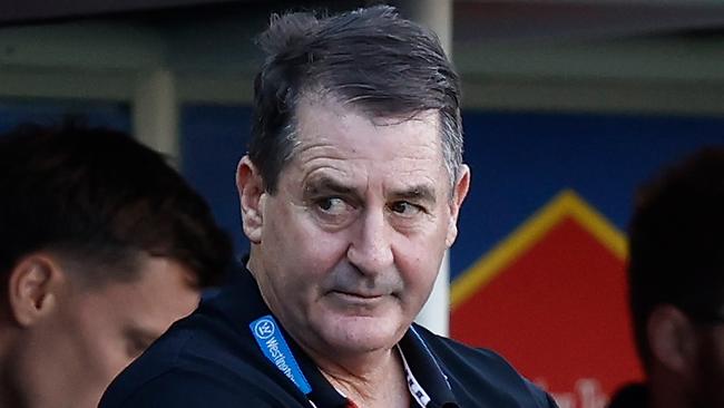 LAUNCESTON, AUSTRALIA - MAY 11: Ross Lyon, Senior Coach of the Saints looks dejected after a loss during the 2024 AFL Round 09 match between the Hawthorn Hawks and the St Kilda Saints at UTAS Stadium on May 11, 2024 in Launceston, Australia. (Photo by Michael Willson/AFL Photos via Getty Images)