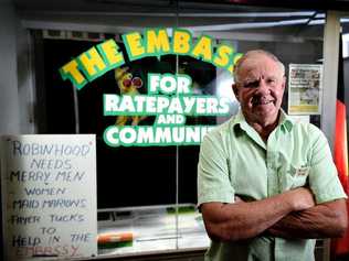 Neville King in front of the Ratepayers and Community Embassy he set up to bring attention to the new rates proposed by Lismore Council. Picture: Marc Stapelberg