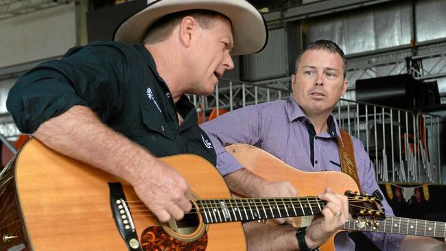 Tony Cook and Jamie Miller prepare for Stomp the Crack, a nine hour drought relief fundraiser to be held at the Great Western Hotel Rockhampton November 11. Picture: Jann Houley