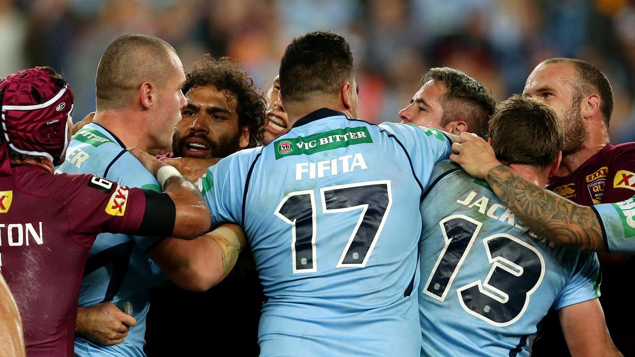 David Klemmer and Corey Parker have words during Game 1 of the 2015 State of Origin series between the NSW Blues and the Queensland Maroons at ANZ Stadium,Homebush .Picture Gregg Porteous