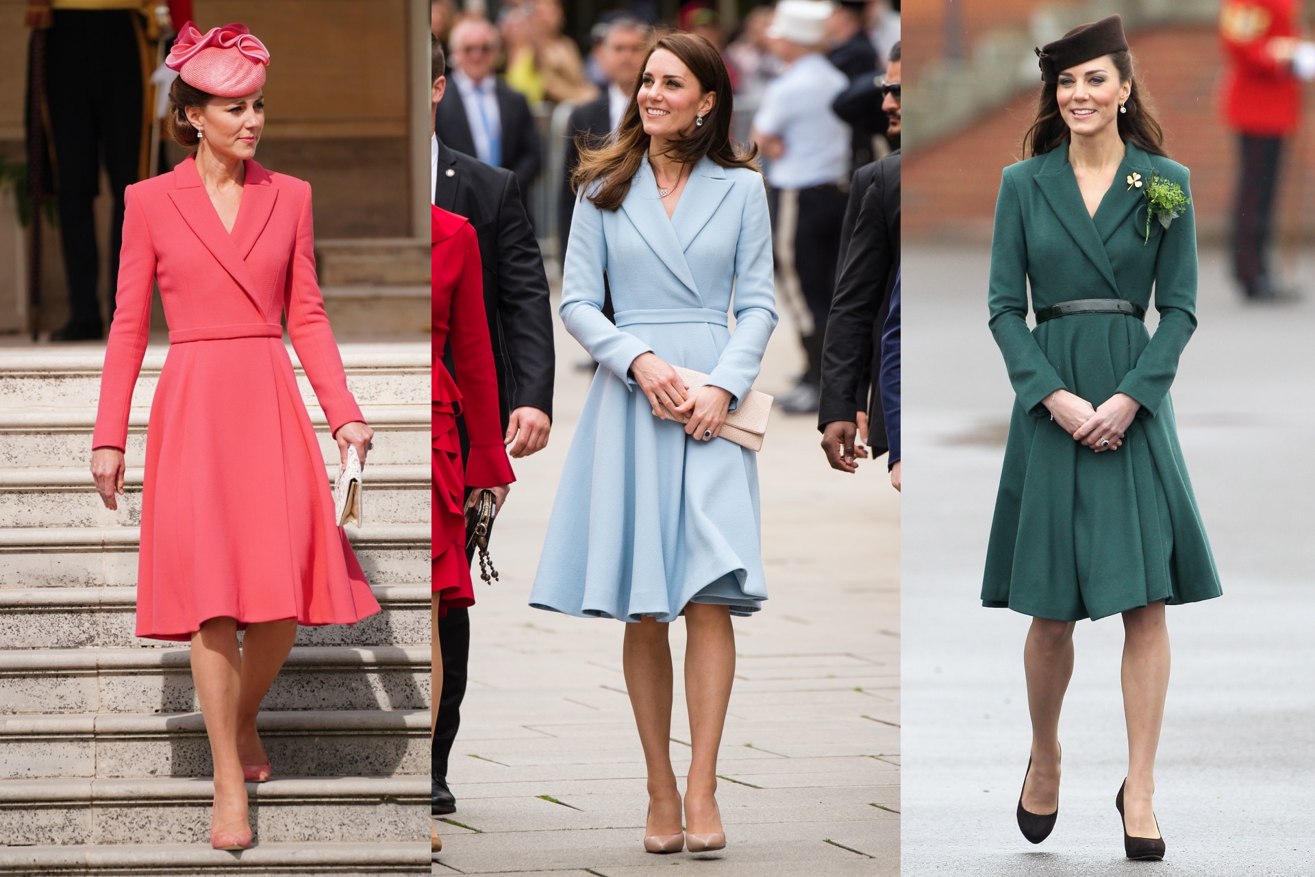 <h3>Emilia Wickstead bespoke coat-dress</h3><p>Worn in coral in 2022; blue in 2017; and green in 2012.</p>