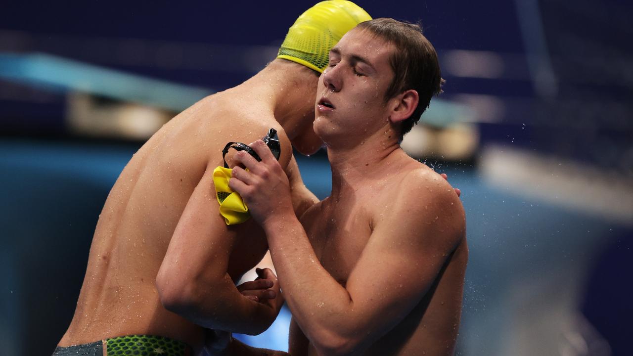 TOKYO, JAPAN - AUGUST 25: William Martin of Australia is congratulated after winning the Men's 400m Freestyle - S9 final on day 1 of the Tokyo 2020 Paralympic Games at on August 25, 2021 in Tokyo, Japan. (Photo by Adam Pretty/Getty Images)