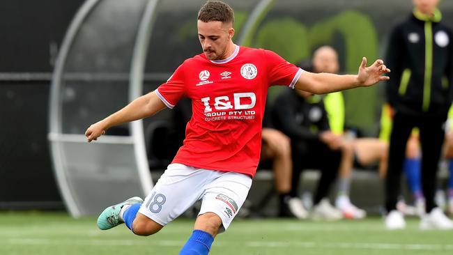 Jack Morton of Melbourne Knights kicks during the NPL Vic Men round 8 match between Manningham United and Melbourne Knights at Pettys Reserve, on April 06,2024, in Melbourne, Australia. (Photo by Josh Chadwick)