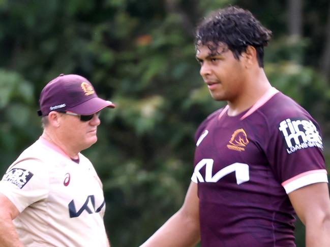 Selwyn Cobbo and Kevin Walters, at Broncos Training, Red Hill, on Monday 9th January 2023 - Photo Steve Pohlner