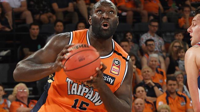 Nathan Jawai of the Taipans eyes the basket during the Round 3 NBL match between the Cairns Taipans and the Adelaide 36ers at the Cairns Convention Centre in Cairns, Friday, October 26, 2018. (AAP Image/Brian Cassey)