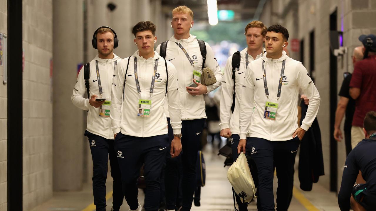 Patrick Yazbek (right) has settled in well with the Socceroos. Picture: Cameron Spencer/Getty Images