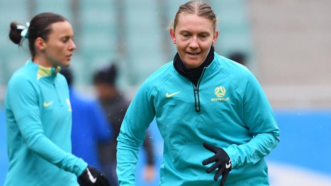 TASHKENT, UZBEKISTAN - FEBRUARY 24: Clare Hunt of Australia warms up prior to the AFC Women's Paris 2024 Olympic Qualifier Round 3 match between Uzbekistan and Australia Matildas at Milliy Stadium on February 24, 2024 in Tashkent, Uzbekistan. (Photo by Tolib Kosimov/Getty Images)