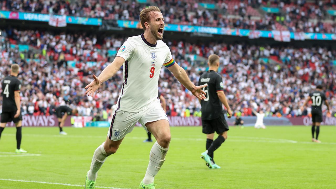 Harry Kane celebrates the winner against Germany.
