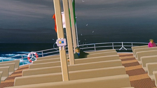 The Jeffrey Smart painting, <i>Off Brindisi</i>, depicting the open, windswept deck of a ferry.