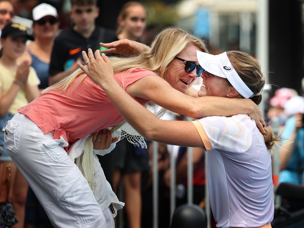 Olivia Gadecki’s mother Natalia, pictured left after Olivia’s first round victory at Melbourne Park, is Ukrainian. Picture: David Caird