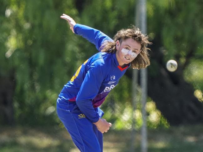 Dowling Shield cricket: Prahran v Frankston Peninsula. Sam Gove bowling for Frankston Peninsula.  Picture: Valeriu Campan