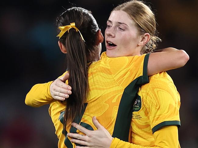 SYDNEY, AUSTRALIA - JUNE 03: Hayley Raso and Cortnee Vine of Australia celebrate winning the international friendly match between Australia Matildas and China PR at Accor Stadium on June 03, 2024 in Sydney, Australia. (Photo by Cameron Spencer/Getty Images)