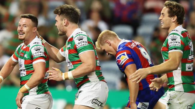 Damien Cook celebrates after scoring a try for South Sydney. Picture: Brett Costello