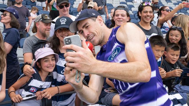 Jeremy Cameron interacts with fans at Geelong’s open training session ahead of Saturday’s round one clash against St Kilda. Picture: Brad Fleet