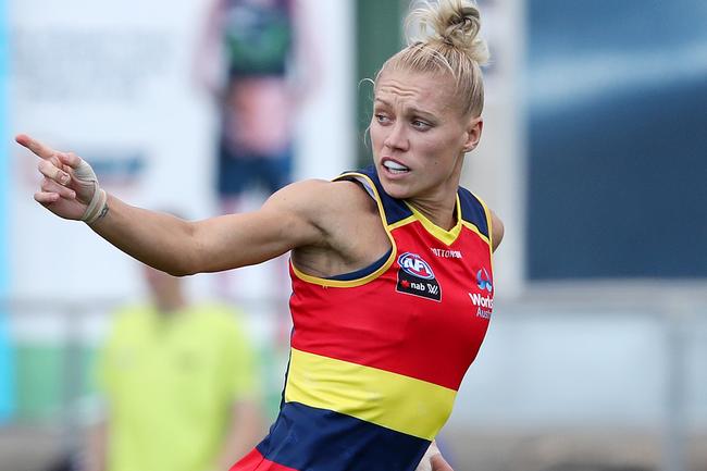 Erin Phillips of the Crows celebrates her goal during the 2021 AFLW Round 8 match between the Adelaide Crows and the Western Bulldogs at Norwood Oval. Picture: Sarah Reed/AFL Photos via Getty Images