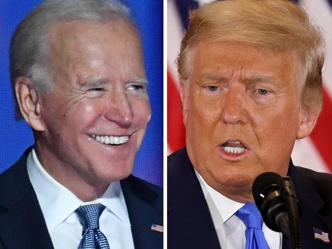 JOE BIDEN DONALD TRUMP COMPOSITE -  Jill Biden waves as her husband Democratic presidential nominee Joe Biden speaks during election night at the Chase Center in Wilmington, Delaware, early on November 4, 2020. - Democrat Joe Biden was to make a statement early November 4 in his home city of Wilmington, his campaign said, with the White House hopeful locked in a tight race against US President Donald Trump. Several battleground states that were expected to decide the election winner were still up in the air, including Michigan, Pennsylvania and Wisconsin. (Photo by ANGELA  WEISS / AFP)