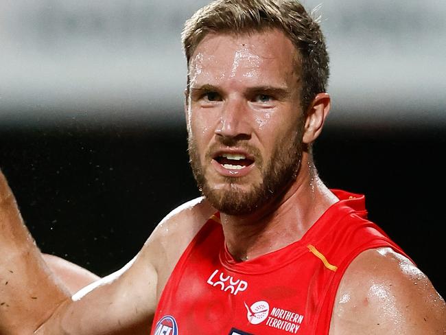 DARWIN, AUSTRALIA - MAY 16: Bailey Humphrey (left) and Sam Day of the Suns celebrate during the 2024 AFL Round 10 match between The Gold Coast SUNS and The Geelong Cats at TIO Stadium on May 16, 2024 in Darwin, Australia. (Photo by Michael Willson/AFL Photos via Getty Images)