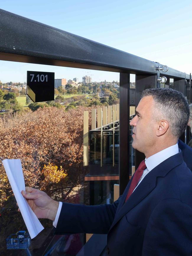 Premier Peter Malinauskas checking out the view over the city during a first look at the newly completed extension. Picture: Russell Millard