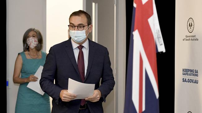 Premier Steven Marshall and Chief Public Health Officer Professor Nicola Spurrier, prepare to speak to media. Picture: NCA NewsWire / Naomi Jellicoe