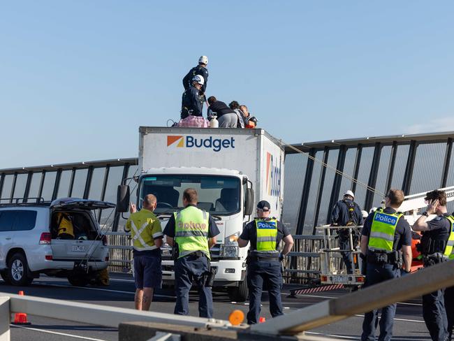 Extinction Rebellion Protest Block Westgate Bridge. Picture: Jason Edwards