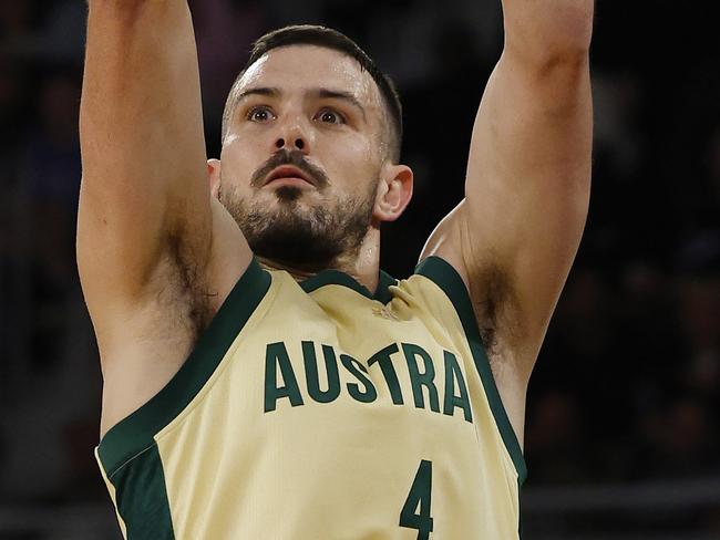 NCA. MELBOURNE, AUSTRALIAÃ July 4 , 2024.  BASKETBALL. Australian Boomers vs China at John Cain Arena, Melbourne.  Chris Goulding with a long range 3 pointer     . Pic: Michael Klein