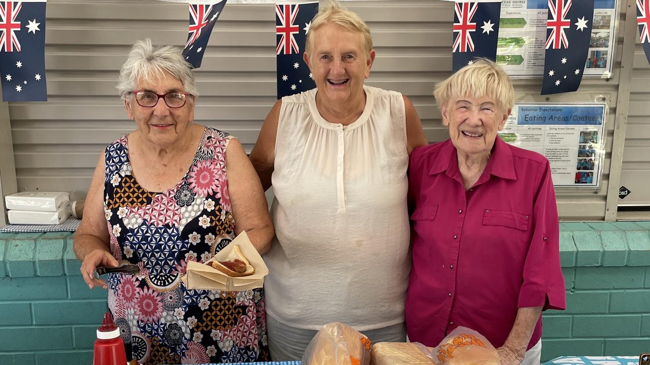 Jill, 78, Denise Stammers, 72, Jan Mangleson, 84, at the Australia Day Mullet Throwing Championship in Ocean Shores on January 26. Picture: Savannah Pocock.