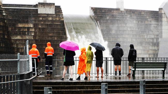 Hinze Dam overflowing. Picture: NIGEL HALLETT