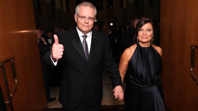 The Prime Minister Scott Morrison with his wife Jennifer arrive at the mid-winter ball at Parliament House in Canberra. Picture: Gary Ramage