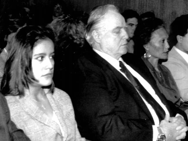 Cheyenne Brando and her actor father Marlon at a bail hearing in Los Angeles for Christian Brando, after he shot dead’s Cheyenne’s lover.