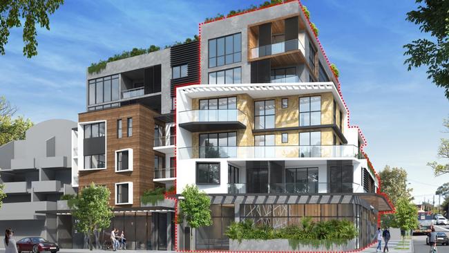 Artist's impression of the six-storey shop top housing development lodged for 15-17 Coral St (right) along with an artist’s impression of the already approved DA at 19-21 Coral St.