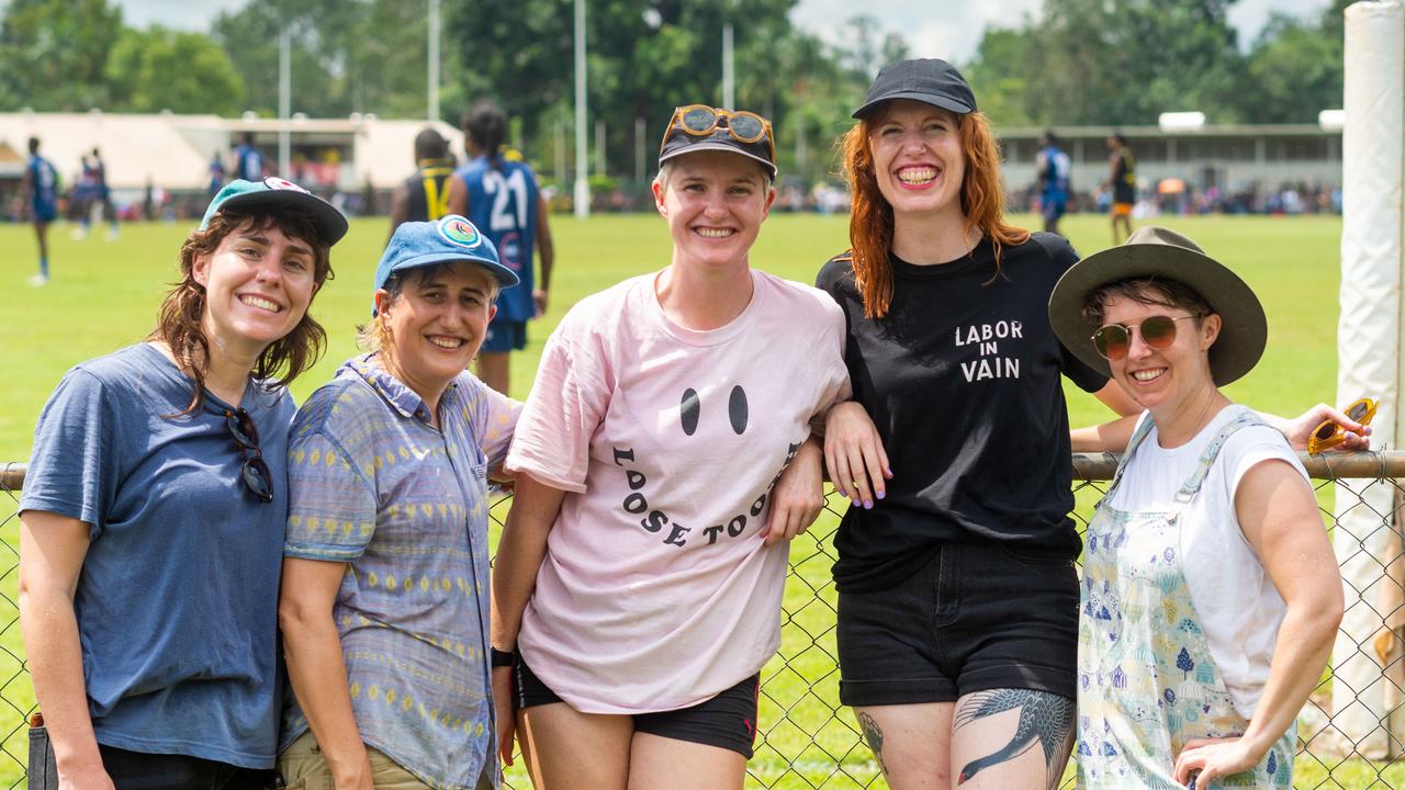 The Tiwi Islands 2020-2021 Grand Final. The Imalu Tigers take on the Walama Bulldogs on Bathurst Island. Sally Naylor, Chloe McCarthy, Steph Burgess, Simonne Johansen and Madeline MacIntyre have made the trip from Alice Springs and Darwin to be here for the day. Photograph: Che Chorley