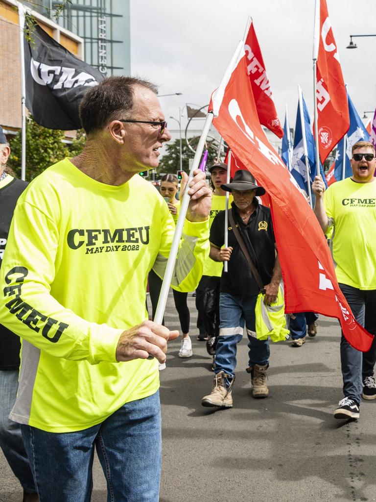 CFMEU organiser Peter D’Arcy participates in the Labour Day 2022 Toowoomba march. Picture: Kevin Farmer